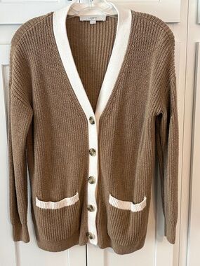 LOFT Tan Cardigan with White Trim